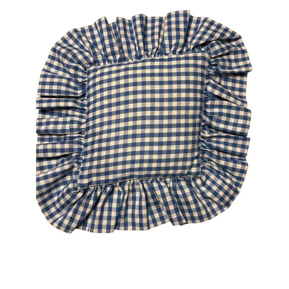 Vintage Needlepoint Cottagecore Baseball Player Pillow Blue Gingham Ruffle Trim - Picture 3 of 3